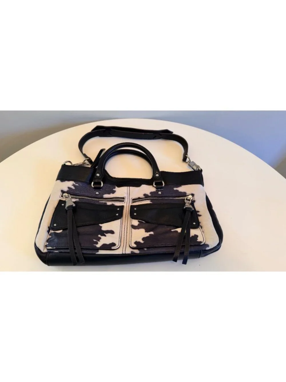 Aimee Kestenberg Leather Cow Print Satchel Shoulder Bag with Detachable Strap